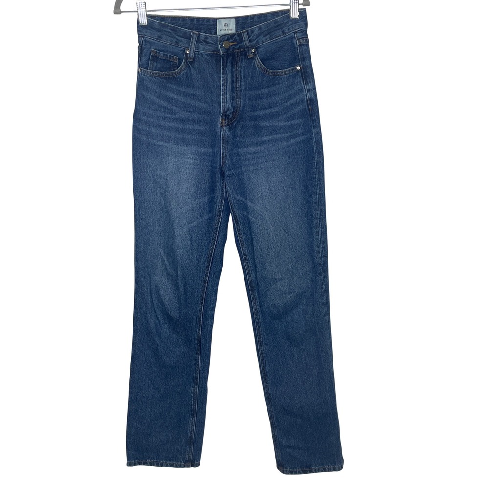Anine Bing Women Blue High Waisted Straight Leg Rigid Cotton Denim Jeans Size 28
